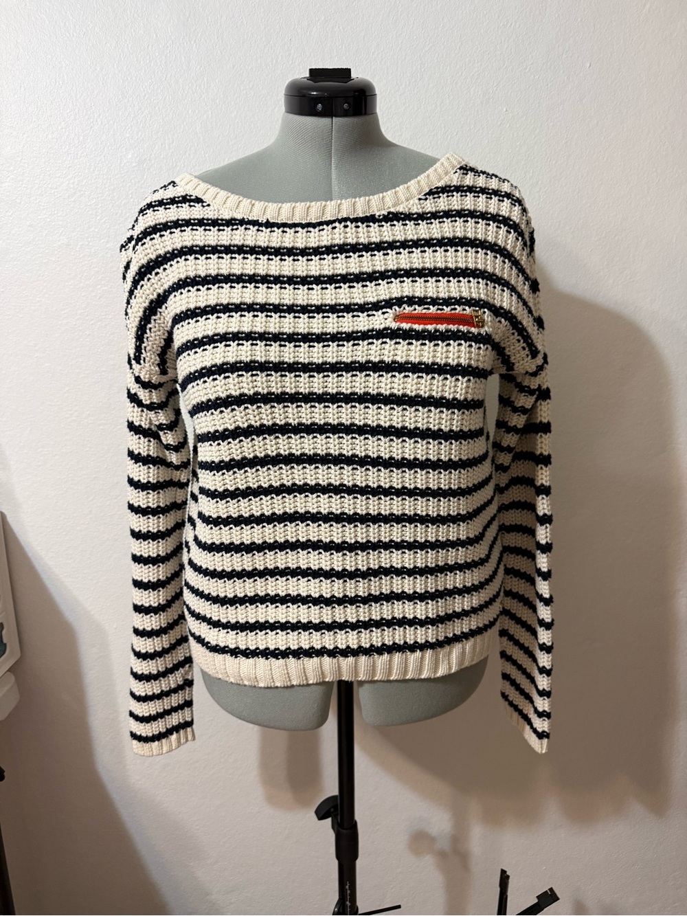 Tommy Hilfiger Cream and Black Striped Crewneck Sweater with Red Chest Trim